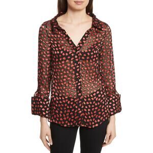 ALICE + OLIVIA Emmerson Burnout Heart Blouse Womens XS Black Red Sheer Button Up